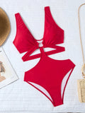 S - XL V Neck High Cut Out One Piece Swimsuit Women Swimwear Female Bather Monokini Cross Bandage Bathing Suit Swim Beachwear