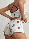 Women Pajama Set Heart Print Ribbed Sleepwear Cute Cami Top and Shorts Loungewear Summer Homewear Nightwear