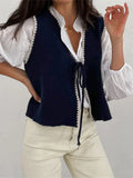 Women's Knit Waistcoat Contrast Color Trim Lacing Closure V-Neck Sleeveless Knit Sweater Vest Cardigan Outerwear
