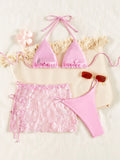 2026 New Sexy 3 Pieces Suit Swimwear for Women Floral Print Swimsuit Sequins Decor Micro Bikini Mesh Skirt Cover-up Beachwear
