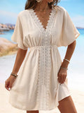 V Neck Lace Short Sleeve Tunic Beach Cover Up Cover-ups Beach Dress Beach Wear Beachwear Female Outfits Bathing kaftan for Women