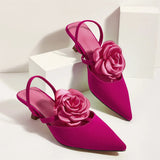 2025 Large Size 43 Summer Women's Pointy Toe Kitten Heels Slingback Pumps Elegant Satin Sandal Rose Flower Office Lady Shoes