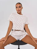 Heart Print Casual Round Neck Short Sleeve Shorts Two-piece Set Pajamas Set Women Summer Sleepwear Home Wear