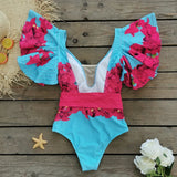 Sexy Ruffle Shoulder Swimsuit V-Neck Swimwear Women Backless Push Up Bathing Suit  Beach Wear 2024 Female Swimming Suit