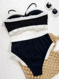 DEKA Black Ruffles Bikini Set Strapless Bandeau Pleated Ruched High Leg Cut Women Swimwear Female Swimsuit Bather Bathing Suit