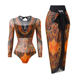 S - XXL Printed Long Sleeve With Sarong One Piece Swimsuit Women Swimwear Female Flowers Padded Bather Bathing Suit Swim K7181