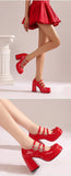Plus Size Women Red Patent Leather Platform Mary Jane Shoes 3 Rhinestone Buckle Straps Chunky Block  Y2K Lolita Party Pumps