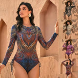 Vintage Long Sleeved Mesh Sunscreen Swimsuit Women Blue Floral Print Drawstring Side High Waist Swimwear 2026 Beach Bathing Suit
