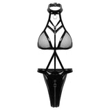 Porn PU Leather Erotic Open Crotch Bodysuit Zipper Open Crotch Bandage Breast Latex Women Sexy Lingerie