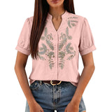 Women Floral Embroidery Puff Short Sleeve T Shirt Stand Collar V Neck Button Down Loose Solid Tees Summer Boho Casual Office Top