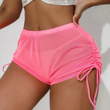 New Mesh Transparent High Waist Elastic Casual Shorts Sports Shorts For Women Wrinkle Drawstring Binding Charming Elegant FSKK