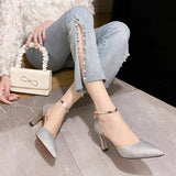 ZOKI Bling Gold Silver Women's Pumps 2024 Sexy Point Toe Thin Heel Party Wedding Shoes Woman Summer Ankle Strap High Heels Shoes