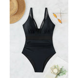 S - XL New Sexy Mesh Sheer V Neck Women Swimwear One Piece Swimsuit Female High Leg Cut Monokini Bather Bathing Suit Swim V5136