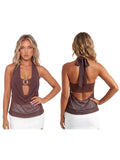 Summer Women Elegant 2 Piece Tops Mesh Sheer Halter Cowl Neck Sleeveless Vest with Buckle Tube Top Going Out Blouse Streetwear