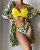 20 Colors Three Piece Bikinis Set Women Sexy Push Up Swimwear Swimsuit Plants Print Bathing Suit Bikini Cover Up Banadores Mujer