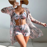 New Women's 3 Pieces Swimsuit Allover Print Tankini+Long Gauze Coat Cover-Up Swimwear High Waist Shorts Bathing Suit Beachwear