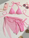 Women mesh micro mini string bikini sets 3pcs with cover skirt shell pendant swimsuit bathing suit beach outfits biquini tankini
