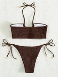 Halter Tie Side Pleated Smocked Bikini Women Bandeau Swimsuit Female Swimwear Two Pieces Bikini Set Bathing Suit Swim Beach Wear