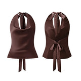 Women Halter Cowl Neck Tank Tops Slim Solid Color Satin Sleeveless Backless Vest for Going Out Party Club