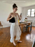 Women's Ruffled Lace Trim Loose Pants For Woman White Ruffled Embroidery Camisole Straps Button Front For Sweet Summer Look WM6E