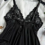 Black Transparent See Through Sleepwear Women's Lace Nightdress Sexy Lingerie Underwear Panty Pijamas Sets Female Sexy Nighty