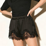 Women's Solid Color Satin Mini Shorts Lace Patchwork Drawstring Elastic Waist Casual Summer Lounge Shorts
