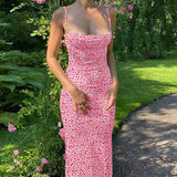 Women's Summer Sexy Bodycon Dress Spaghetti Strap Sleeveless Backless Slim Fit Floral Printed Long Dresses