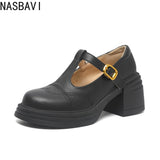 Ladies Retro Style High Heel Single Shoes for Women Platform Thick Heel Buckle Design Casual Loafers T-strap Leather shoes New
