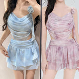 Swimsuit Women's Two-piece Fairy Style Sexy Hot Spring Skirt Style Three-dimensional Flower Ribbon Swimsuit