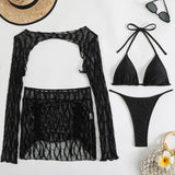 Toucheart Sexy Lingerie Suit for Women Mesh Four-piece Beach Swimsuit Sexy Bikini Solid Color Long Sleeves Mesh See-through Set