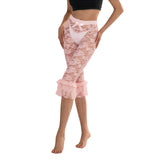 Women Summer Lace Ruffle Capri Leggings Solid Color Sheer Mesh Elastic High Waist See Through Pants