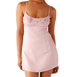 Women Stylish Sequin Flower Embroidered Square Neck Spaghetti Strap Dress Solid Color Party Club Mini Cami Dresses