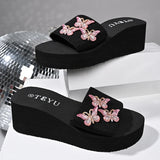 Pink Crystal Butterfly Platform Slippers Women 2026 Summer Slip On Wedge Sandals Woman Lightweight Thick Sole Casual Slides 42