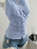 Summer Casual Shirt Women's Blue Striped Halter Top V Neck Button Down Sleeveless Slim Fit Blouse 2026 Y2K Style Streetwear