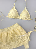 Women Yellow Flower Bikini Sets Three Pieces with Ruffles Mini Skirt Halter String Swimsuit Bathing Suit Beach Outfits Biquini