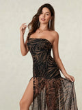 Women’s Tube Top Dress Bohemian Printed Strapless Mesh High Slit Long Dress Summer Evening Party Beach Sexy Club Dresses Summer