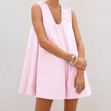 Women Summer Solid Color V Neck Loose Tank Dress Sleeveless Beach Mini Dresses with Pocket