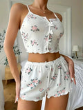 Women Summer Sleepwear Fashion Floral Print V Neck Cami Top and Lettuce Trim Shorts Pajama Set Loungewear Home Wear