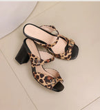 Fashion Leopard Print Square Heel Slippers Summer New Square Toe Metal Buckle Non-slip Wear-resistant Kitten Heel Shoes