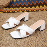 Champagne Woven High Heel Sandals Women Plus Size 42 Square Toe Cross Band Party Shoes Ladies Fashion Thick Heeled Sandalias