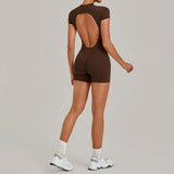Women's Seamless Yoga Jumpsuits Fitness Sports Hip-lifting Backless Short-sleeved Training Gym Workout Shorts One-piece
