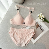 Elegant French Halter Neck Bra Set, Lace Wireless Bralette for Small Bust, Push Up Sensual Underwear Bralette & Panty MOYISU Bra