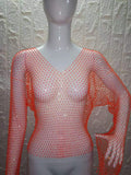 Women Rhinestone Fishnet T-shirt Solid Color Long Sleeve Crop Tops See Through Hollow Out Sexy Shirts Female Smock Tops
