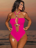 2026 Summer Women's One-piece Suit Swimwear Sexy Hollow Out Neck Lace-up Bodysuit Beachwear High Waist Push Up Bathing Suits