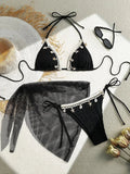 With Mesh Sarong Wrinkled Halter Shell Bikini Female Swimsuit Women Swimwear Three-pieces Bikini Set Bathing Suit Swim Beachwear