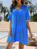 Sexy Hollow Out Beach Cover Up Women Blue White Knitted Crochet Tunic Mini Dress Short Sleeve V Neck Loose Cover-ups Beachwear