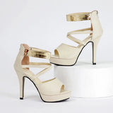 Women's Sexy Peep Toe Platform 12cm High Heel Sandals with Gold Metal Classic Ankle Strap Crisscross Stiletto Heel Party Shoes
