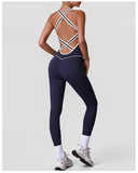 High Stretch Body Shaping Yoga Jumpsuit Women Black Patchwork Hollow Out Back Cross Fitness Sports One Piece Workout Bodysuits