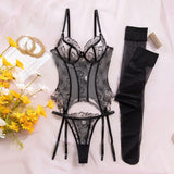 Embroidered flower underwear, sexy three-point mesh fishbone body shaping sexy suit with stockings
