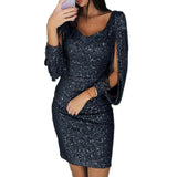 Bodycon Mini Dress Gown Mini Dress 2025 Party Dress Women Glitter V Neck Hollow Out Tassel Long Sleeve